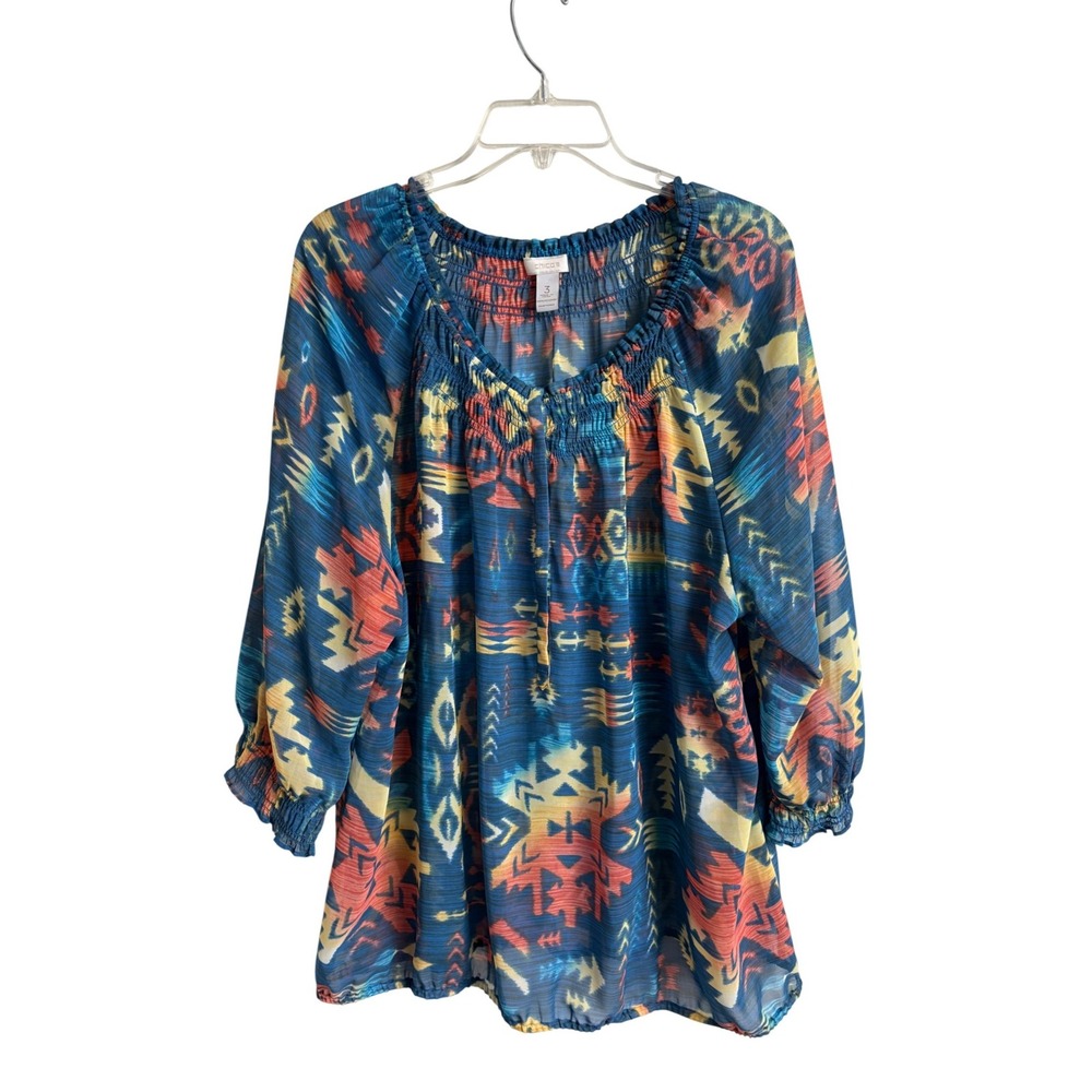 Chicos Blue Southwestern Ikat Chiffon Peasant Blouse Size 3 XL Smocked Top Boho